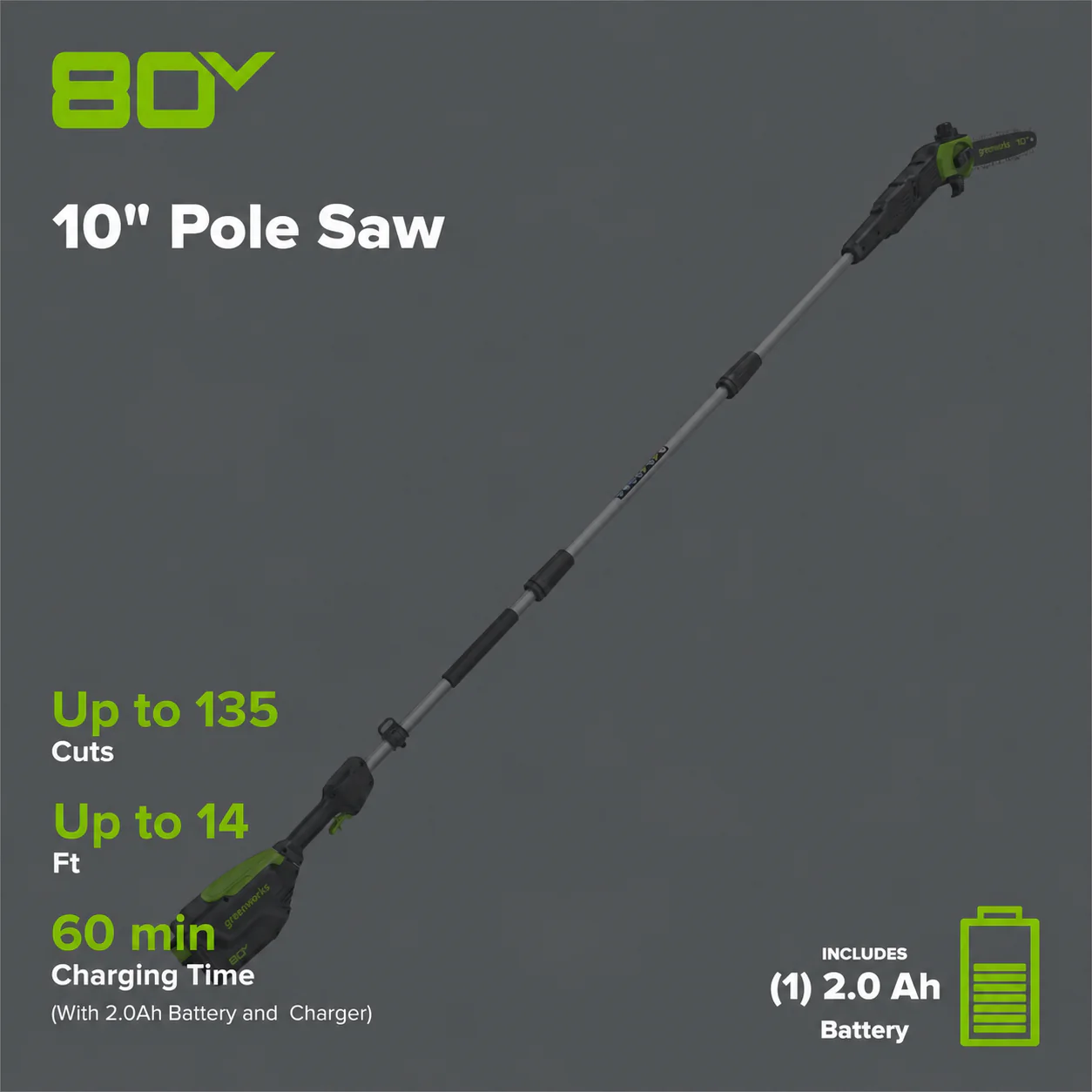 80V Cordless Pole Saw with 14-Foot Reach, 2.0Ah Battery and Charger