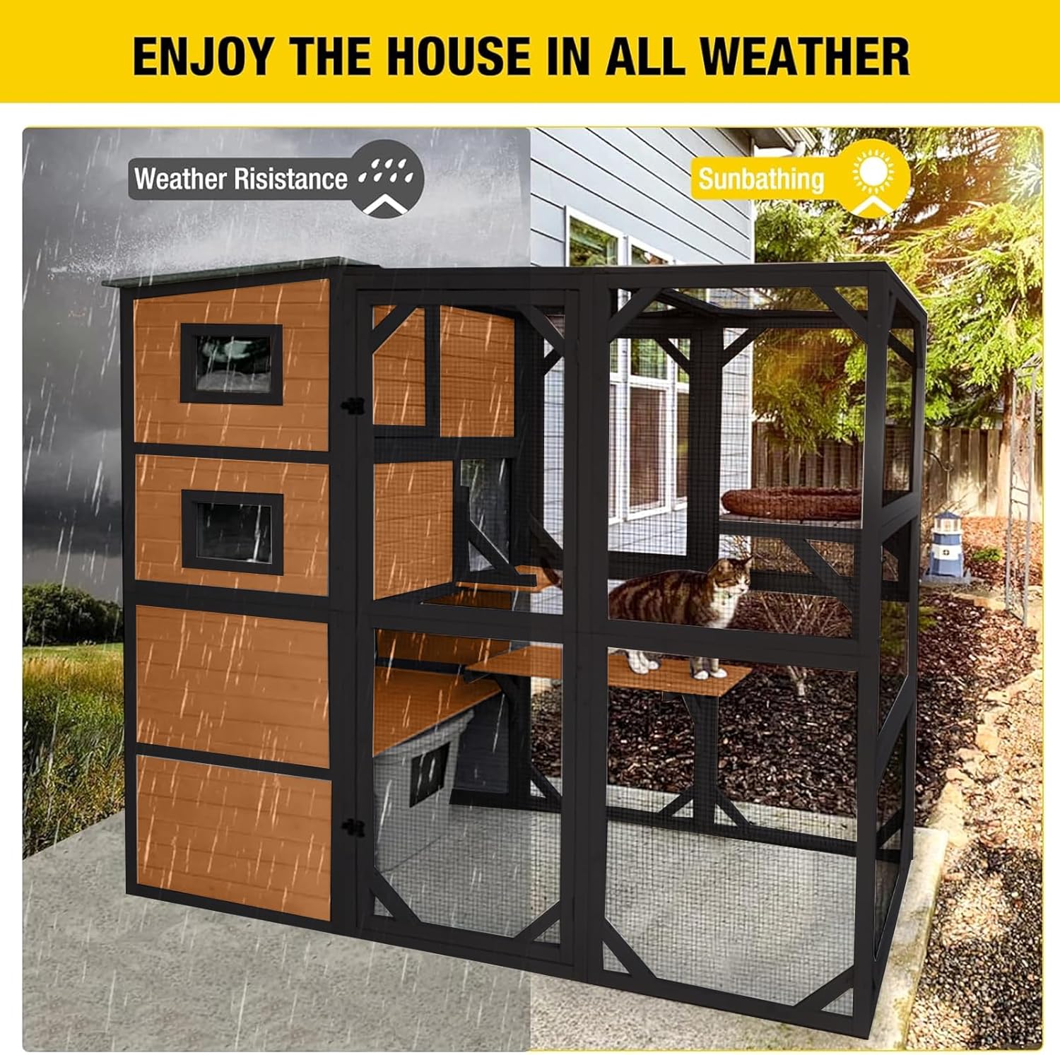 Large Cat Catio, 4 Tiers, Weatherproof Roof, 70″H x 77″L