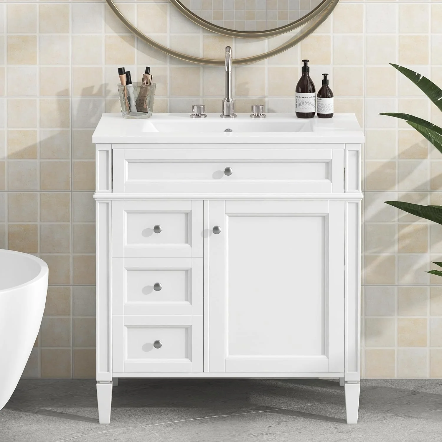 36″ Bathroom Vanity with Single Sink Combo, Modern Undermount Bathroom Sink Cabinet with 2 Drawers and a Tip-Out Drawer, Freestanding Bathroom Vanities, Soft Closing, Solid Wood Frame