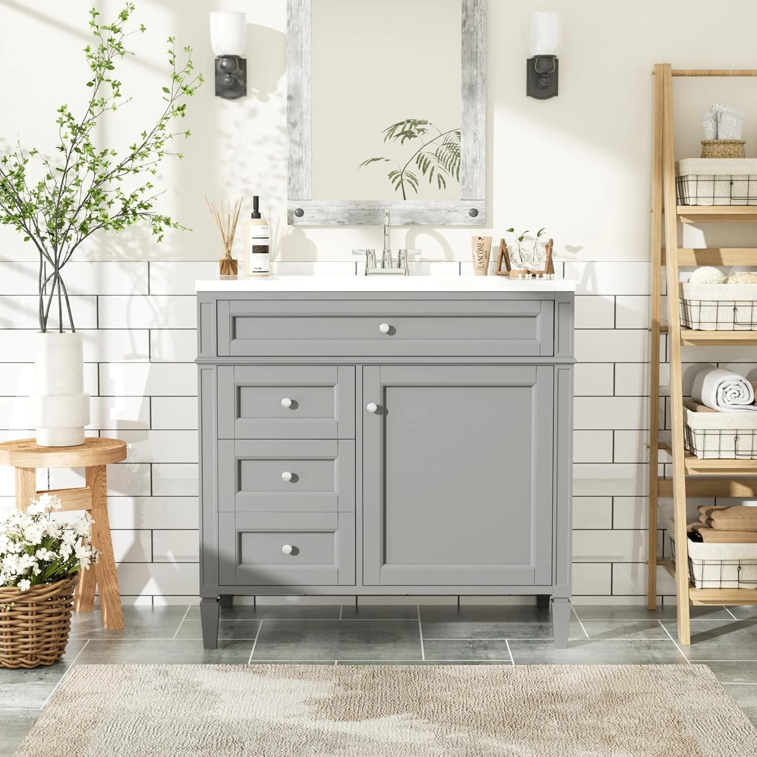36″ Bathroom Vanity with Single Sink Combo, Modern Undermount Bathroom Sink Cabinet with 2 Drawers and a Tip-Out Drawer, Freestanding Bathroom Vanities, Soft Closing, Solid Wood Frame