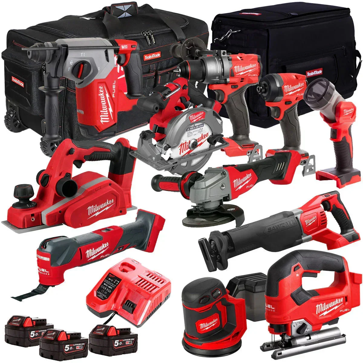 Milwaukee 18V Cordless 11-Piece Tool Kit With 3 x 5.0Ah Batteries, Charger And Bag – T4TM-9