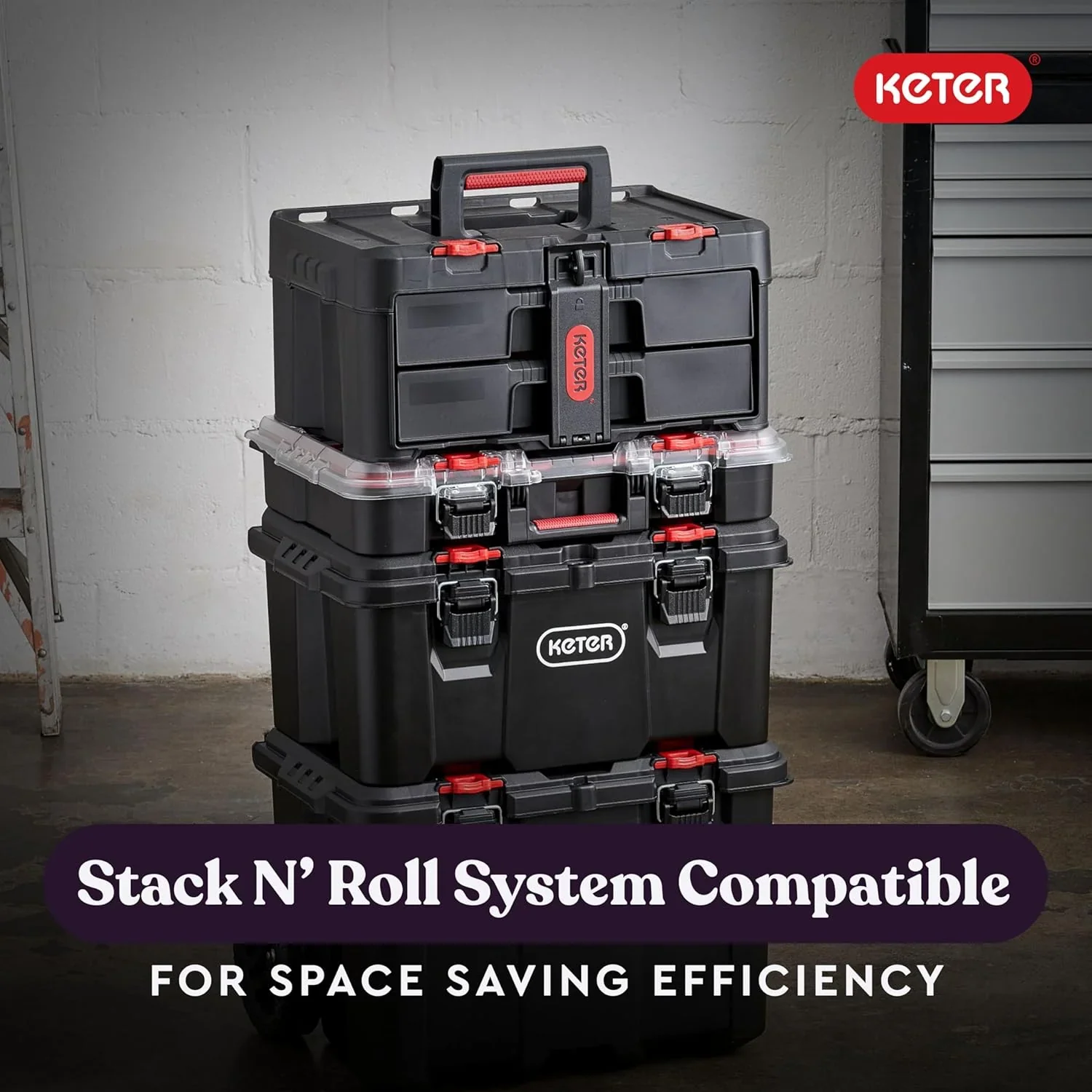 Keter Rolling Tool Box System, 3 Piece, Black/Red – 3 Piece Resin Modular Toolbox System