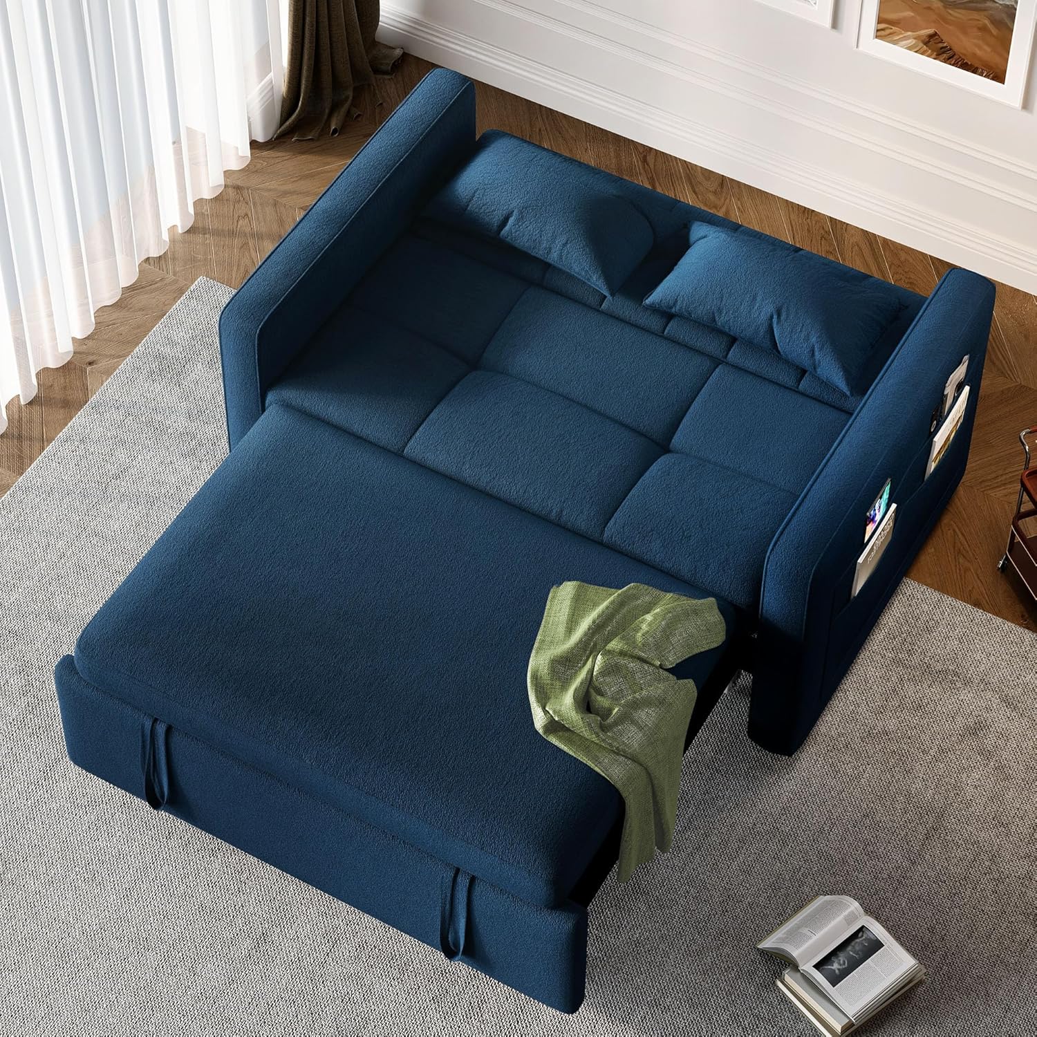 3-in-1 Convertible Sofa Bed, 55″ Sleeper Sofa with Pull-Out Bed, Cat-Scratch-Proof Fabric Futon Couch with Adjustable Backrest and Side Pocket, Loveseat for Living Room Apartment, Grey