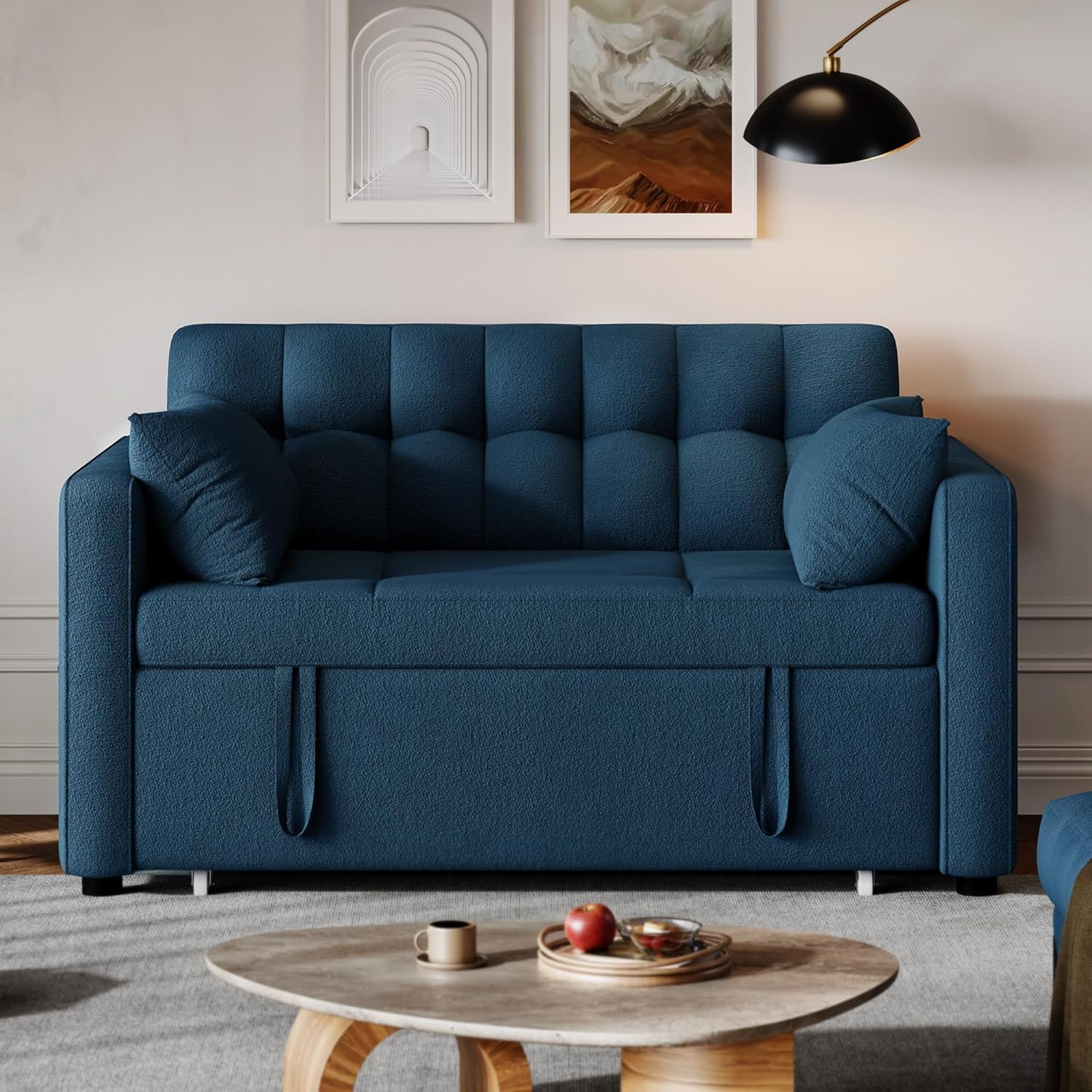 3-in-1 Convertible Sofa Bed, 55″ Sleeper Sofa with Pull-Out Bed, Cat-Scratch-Proof Fabric Futon Couch with Adjustable Backrest and Side Pocket, Loveseat for Living Room Apartment, Grey