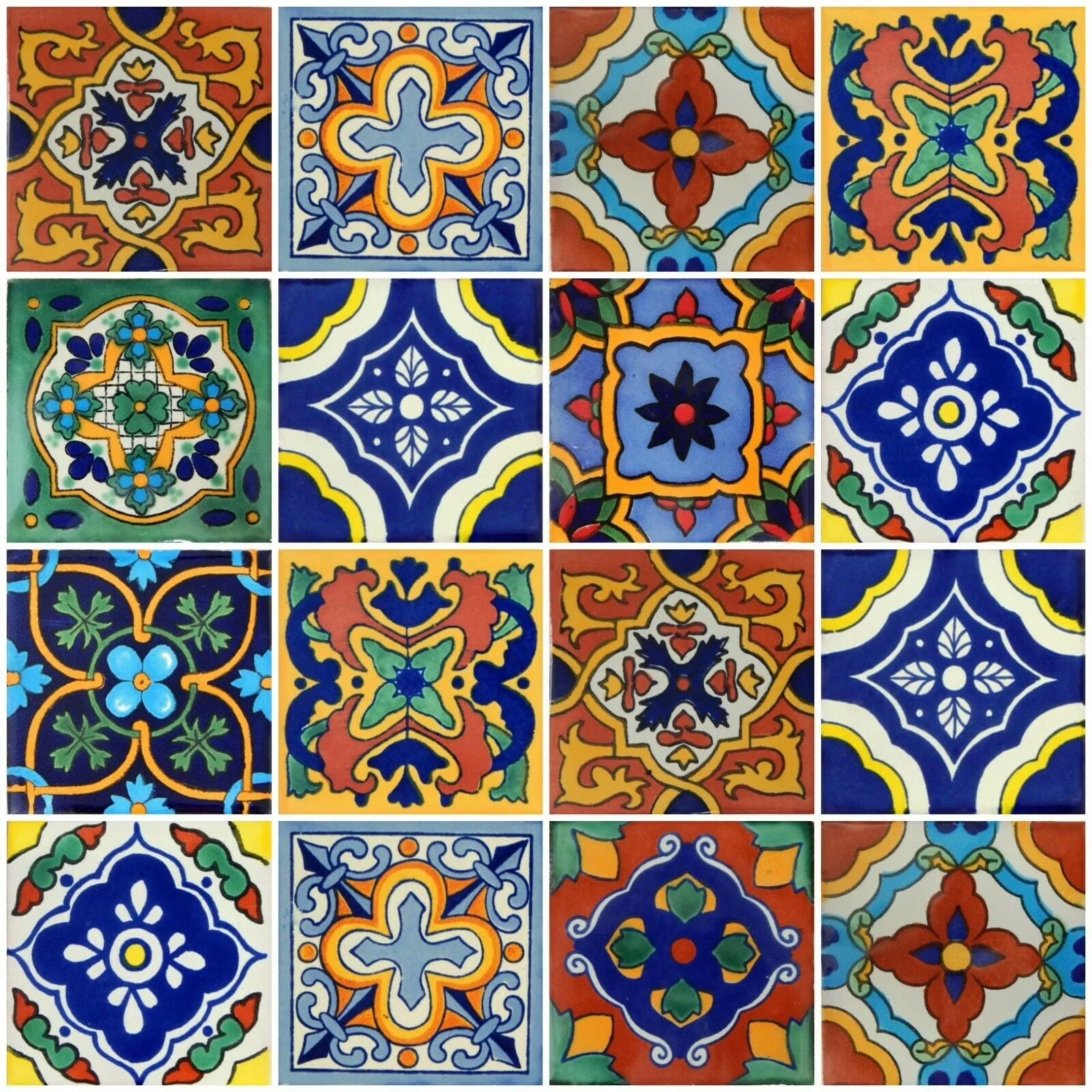 Mexican Talavera Ceramic Tiles 4×4 – 100 Pieces, 10 Designs