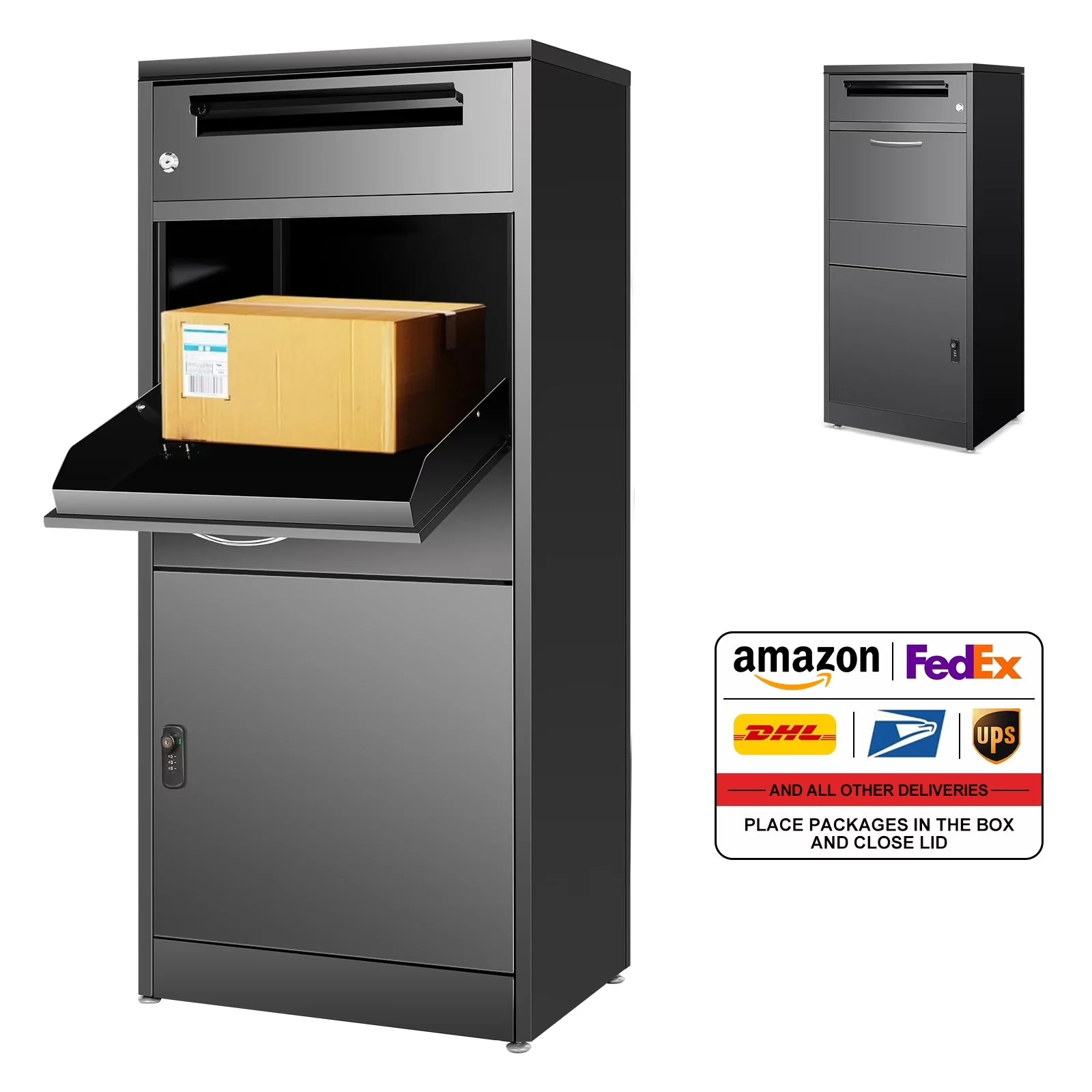 Gaonala Steel Package Delivery Box 19.6×14.4×44.9in Lockable Weather-Resistant Black