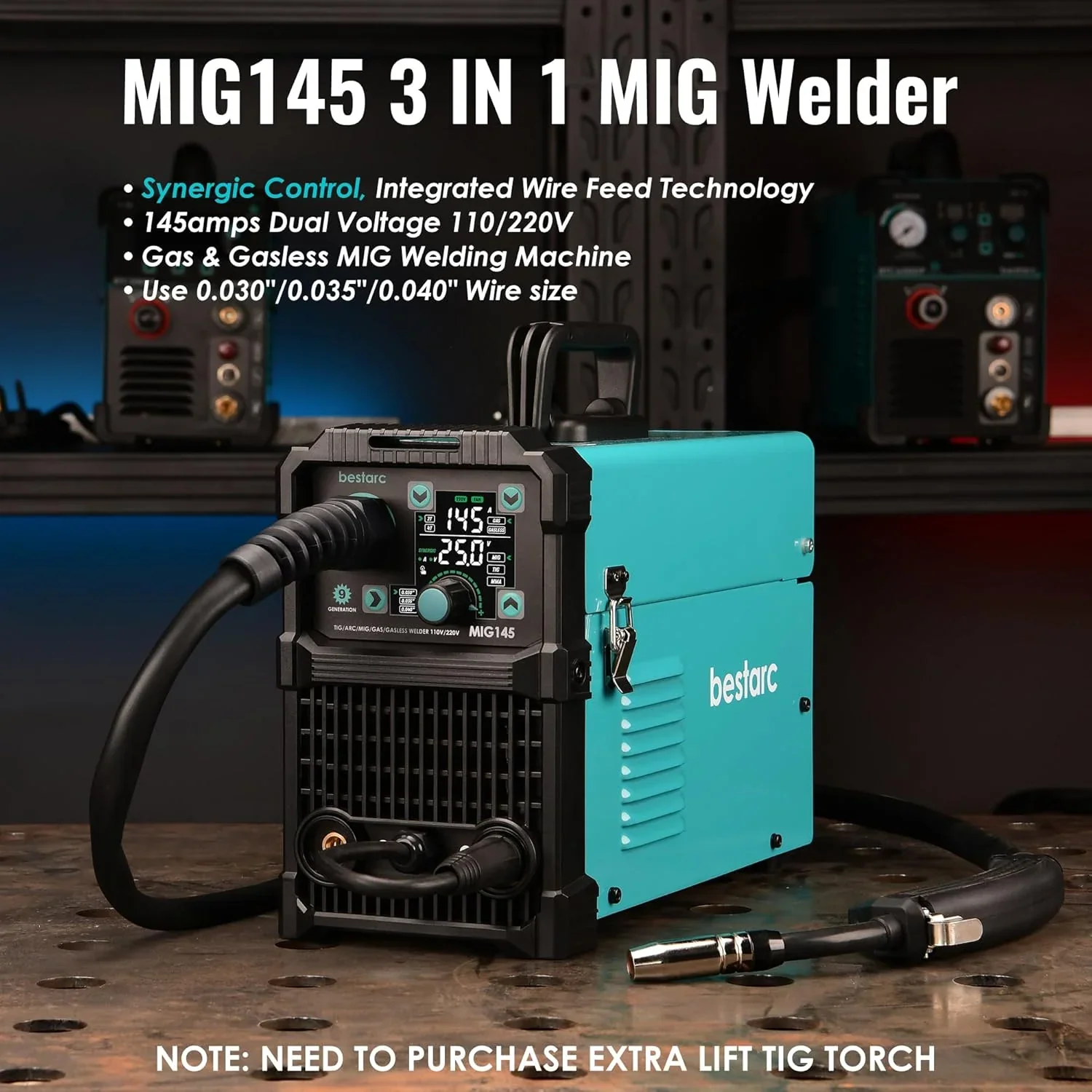 bestarc 145A 3-in-1 MIG Welder, 110V/220V – MIG145-9GEN-110/220V, MIG145-1122