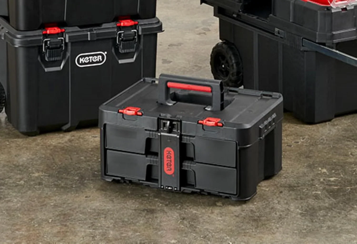 Keter Rolling Tool Box System, 3 Piece, Black/Red – 3 Piece Resin Modular Toolbox System