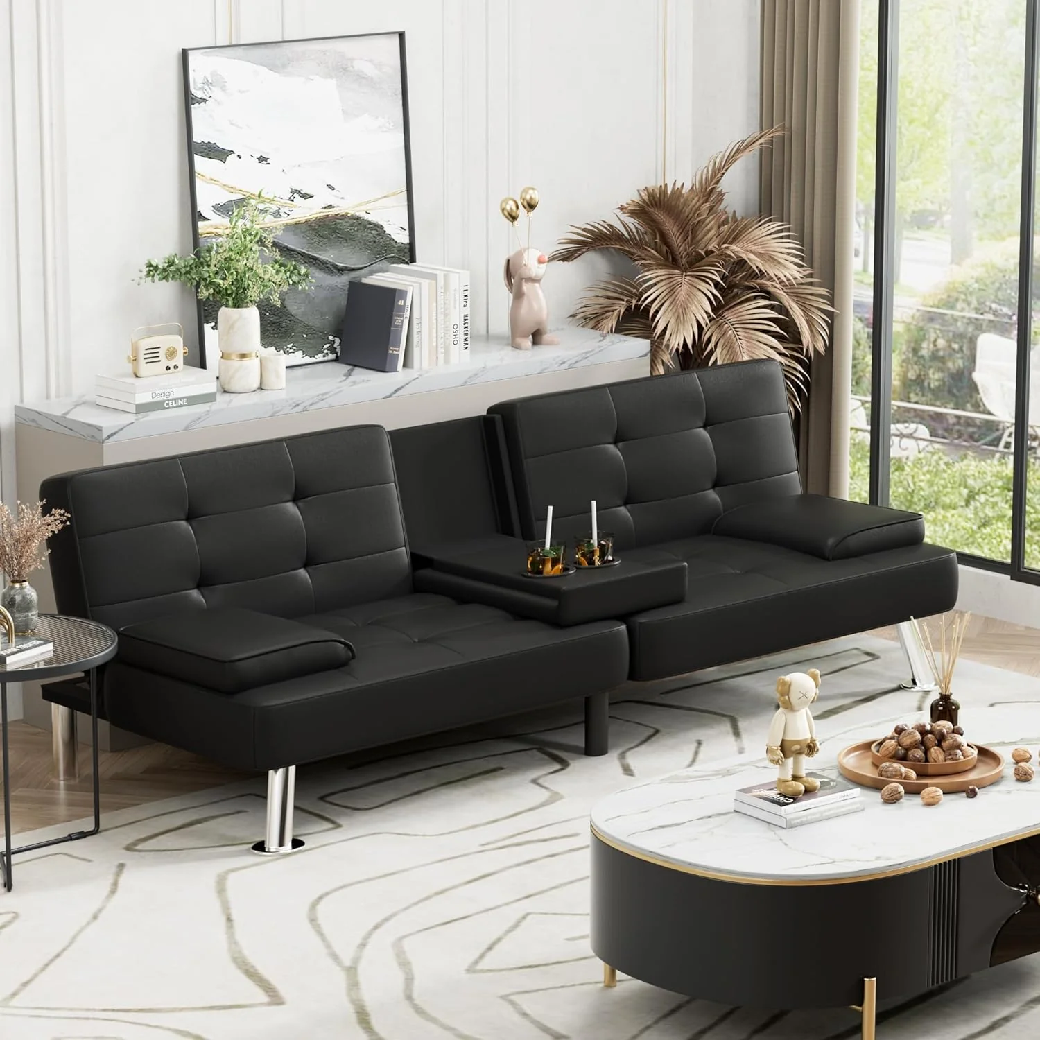Futon Sofa Bed, Leather Futon Couch with Removable Armrests, Adjustable Recliner Sleeper Sofa Bed with Dual Cup Holders for Living Room, Apartment, Office (Black)