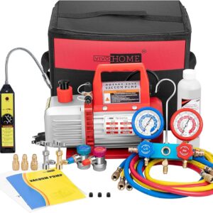 Single-Stage Rotary Vane Air Vacuum Pump With R134a AC Manifold Gauge Kit – 110V, 1/3 HP, 4 CFM
