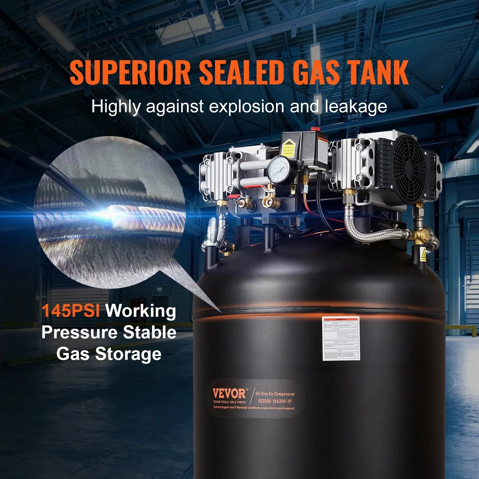 VEVOR 80 Gallon Oil-Free Air Compressor, 6.5 HP, 15.5 SCFM at 90 PSI, 145 PSI – FB3500-10A300-1P