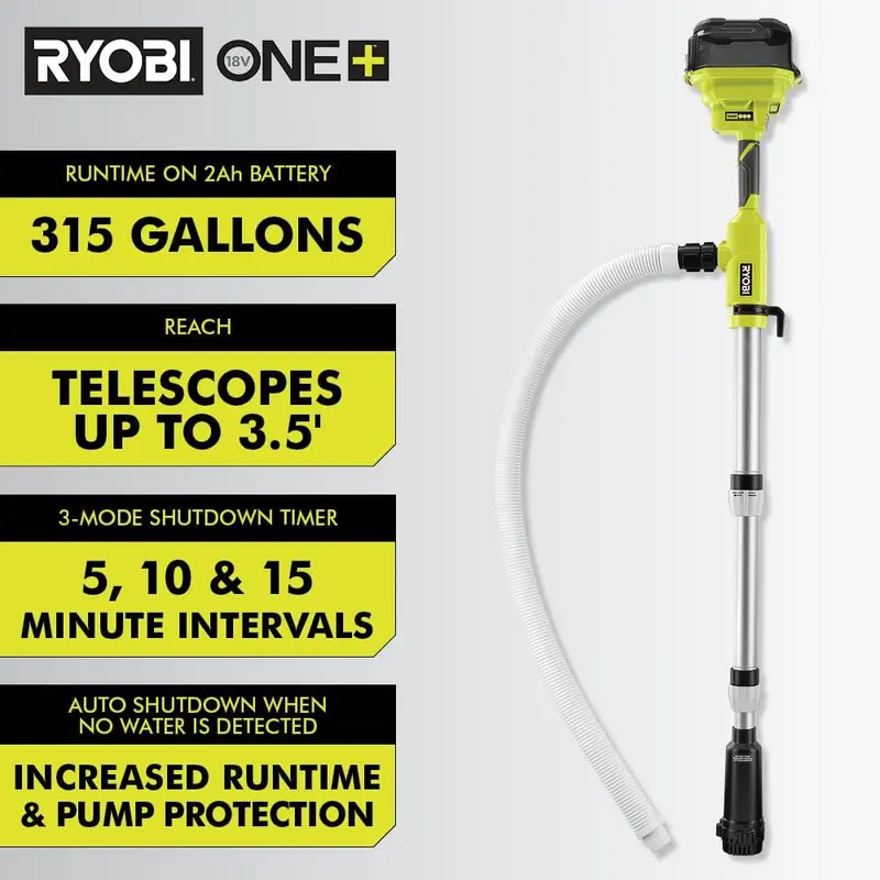 RYOBI ONE+ 18V Cordless 1/6 HP Telescoping Pole Pump With 2.0 Ah Battery And Charger – RY20UP022K