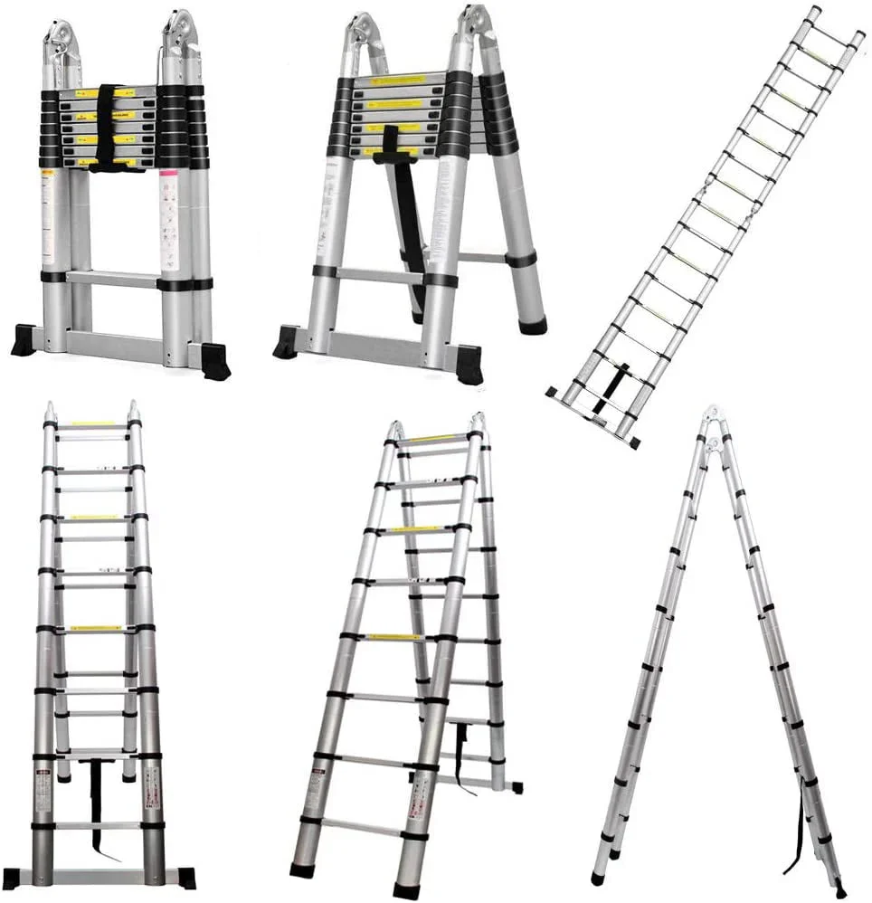 Bowoshen Telescopic Ladder 16.5 ft Aluminum 8 x 2 Steps 330 lb