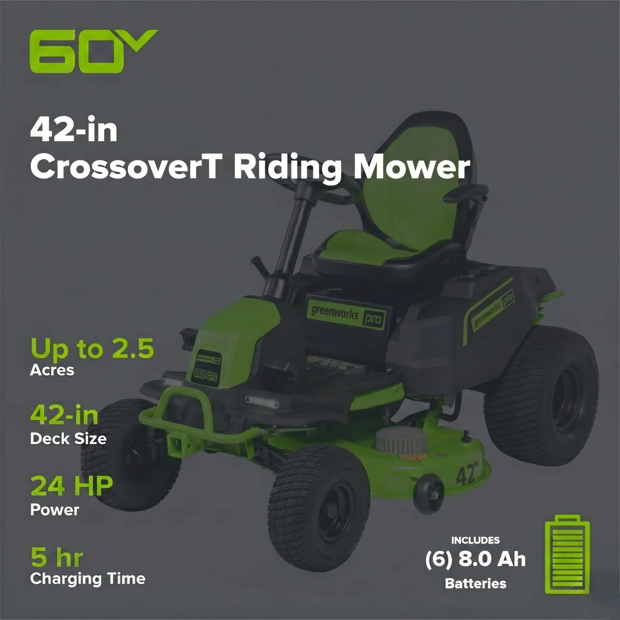 60V Cordless Riding Lawn Mower with Six Batteries and Wall Charger