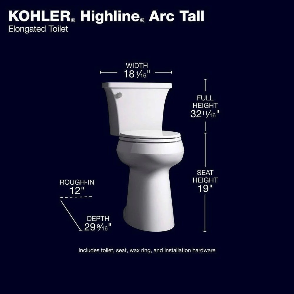 KOHLER Highline Arc Extra Tall 2-Piece Elongated Toilet, White, 1.28 GPF – 78305-0