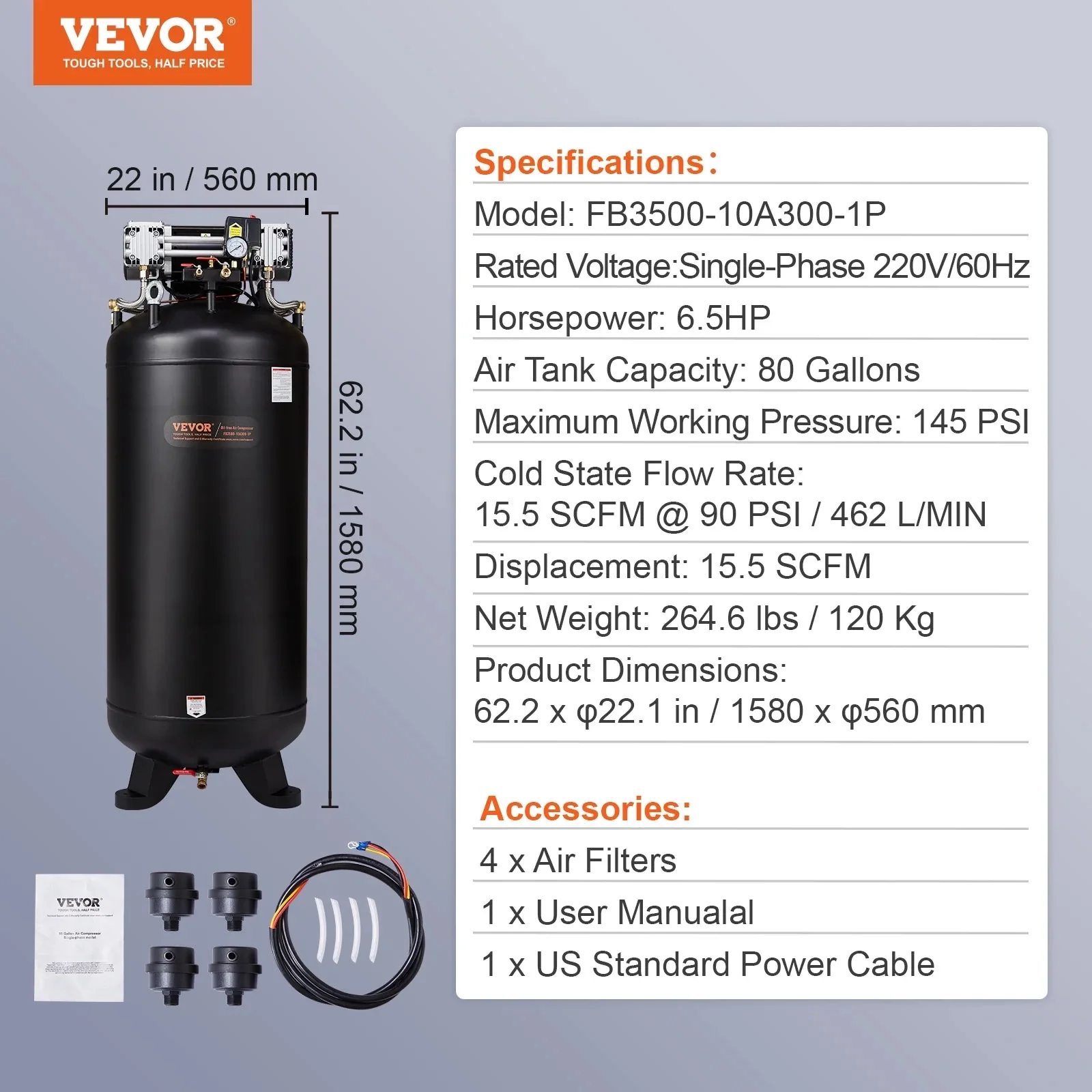 VEVOR 80 Gallon Oil-Free Air Compressor, 6.5 HP, 15.5 SCFM at 90 PSI, 145 PSI – FB3500-10A300-1P