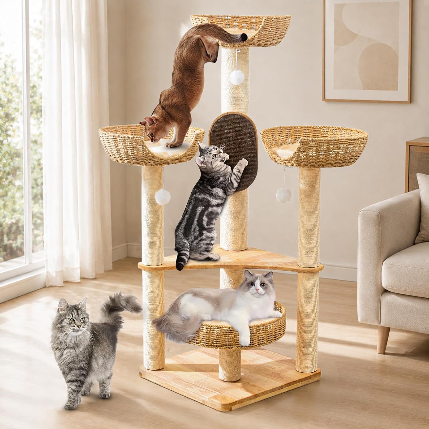 Modern Cat Tree for Large Cats, 51” Multi-Level Cat Tower for Indoor Cats, Sturdy Design with 8 Sisal Scratching Posts 4 Cat Condos/Perches, Ideal for Multi-Cat Households & Easy Assembly