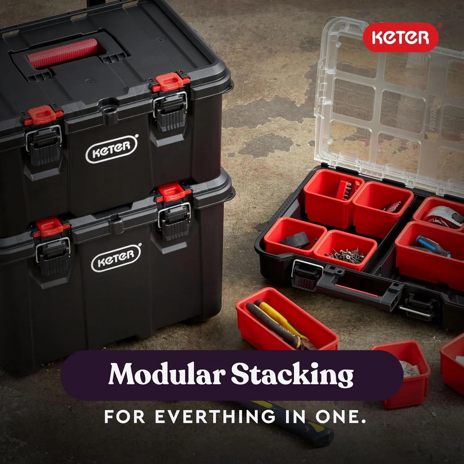 Keter Rolling Tool Box System, 3 Piece, Black/Red – 3 Piece Resin Modular Toolbox System