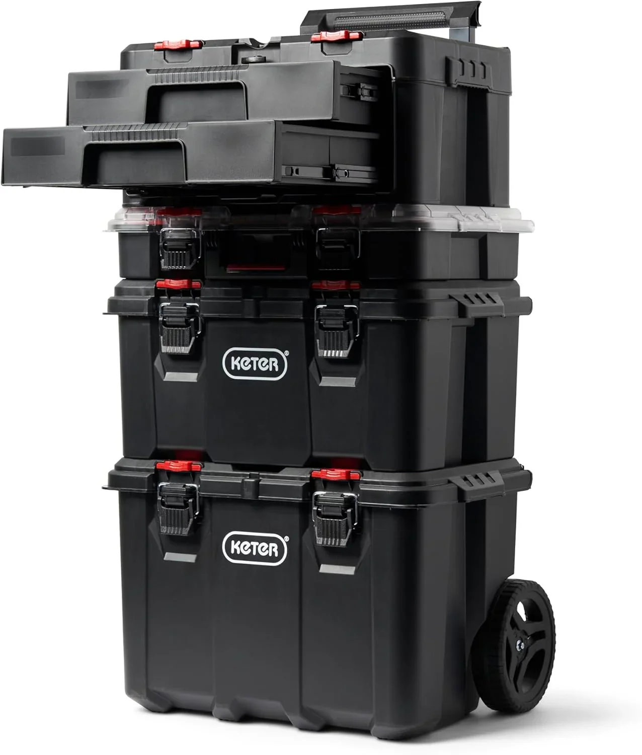 Keter Rolling Tool Box System, 3 Piece, Black/Red – 3 Piece Resin Modular Toolbox System