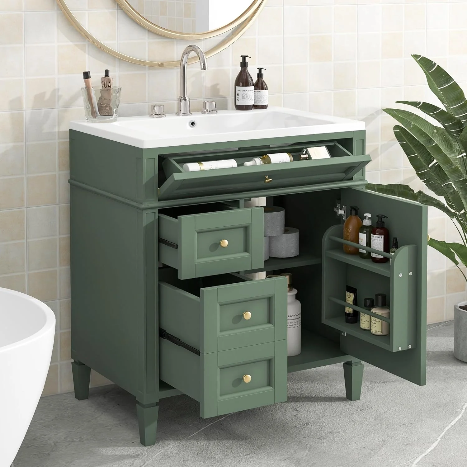 36″ Bathroom Vanity with Single Sink Combo, Modern Undermount Bathroom Sink Cabinet with 2 Drawers and a Tip-Out Drawer, Freestanding Bathroom Vanities, Soft Closing, Solid Wood Frame