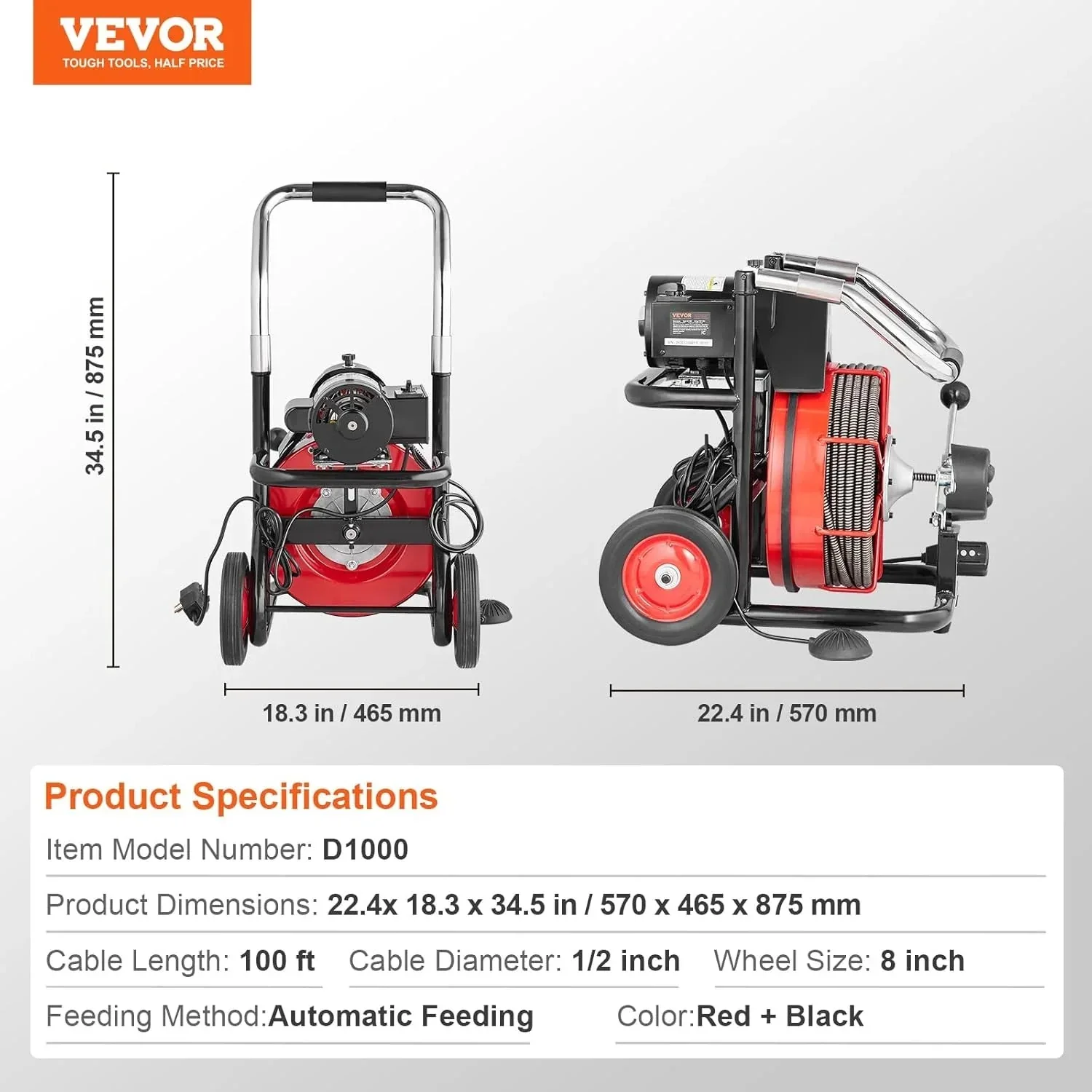 VEVOR Drain Cleaner Machine 100FT x 1/2 Inch, 550W, Red + Black – Drain Cleaner Machine 100 FT x 1/2 Inch