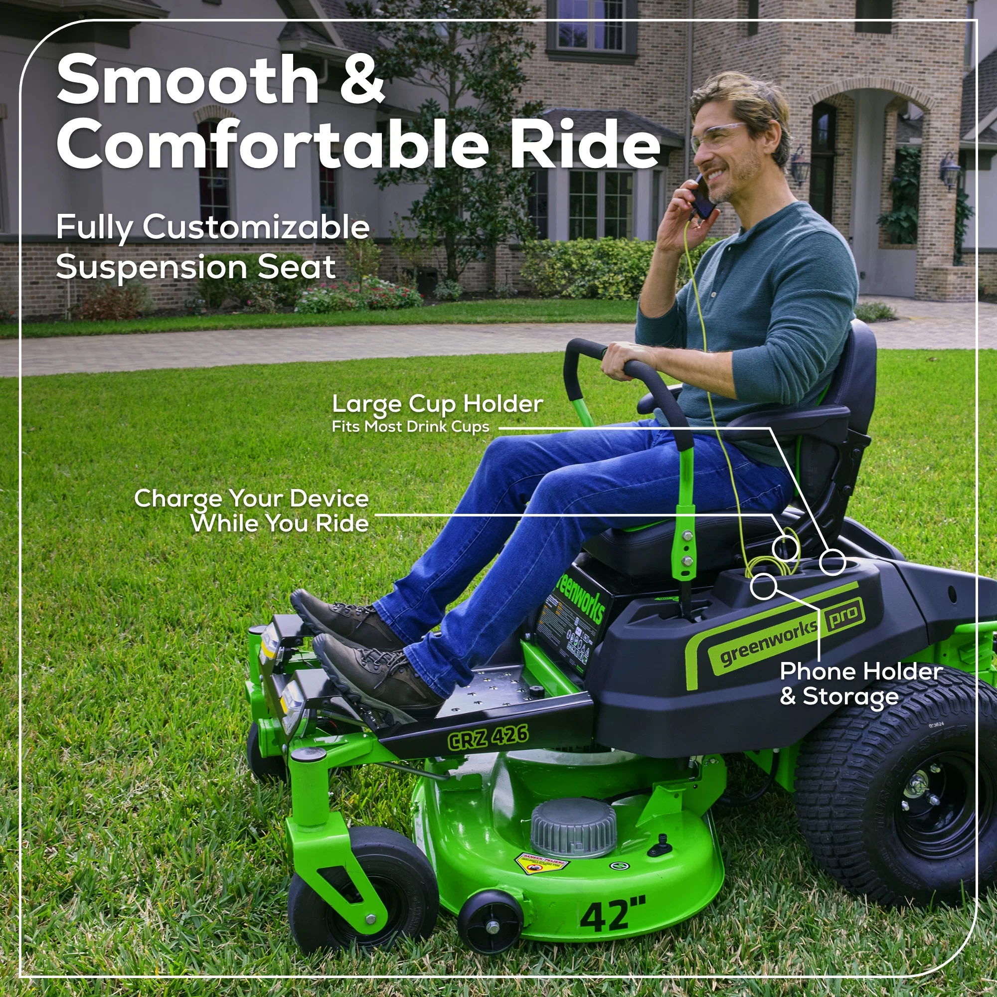 60V Cordless Zero Turn Riding Lawn Mower with Six Batteries and Turbo Chargers