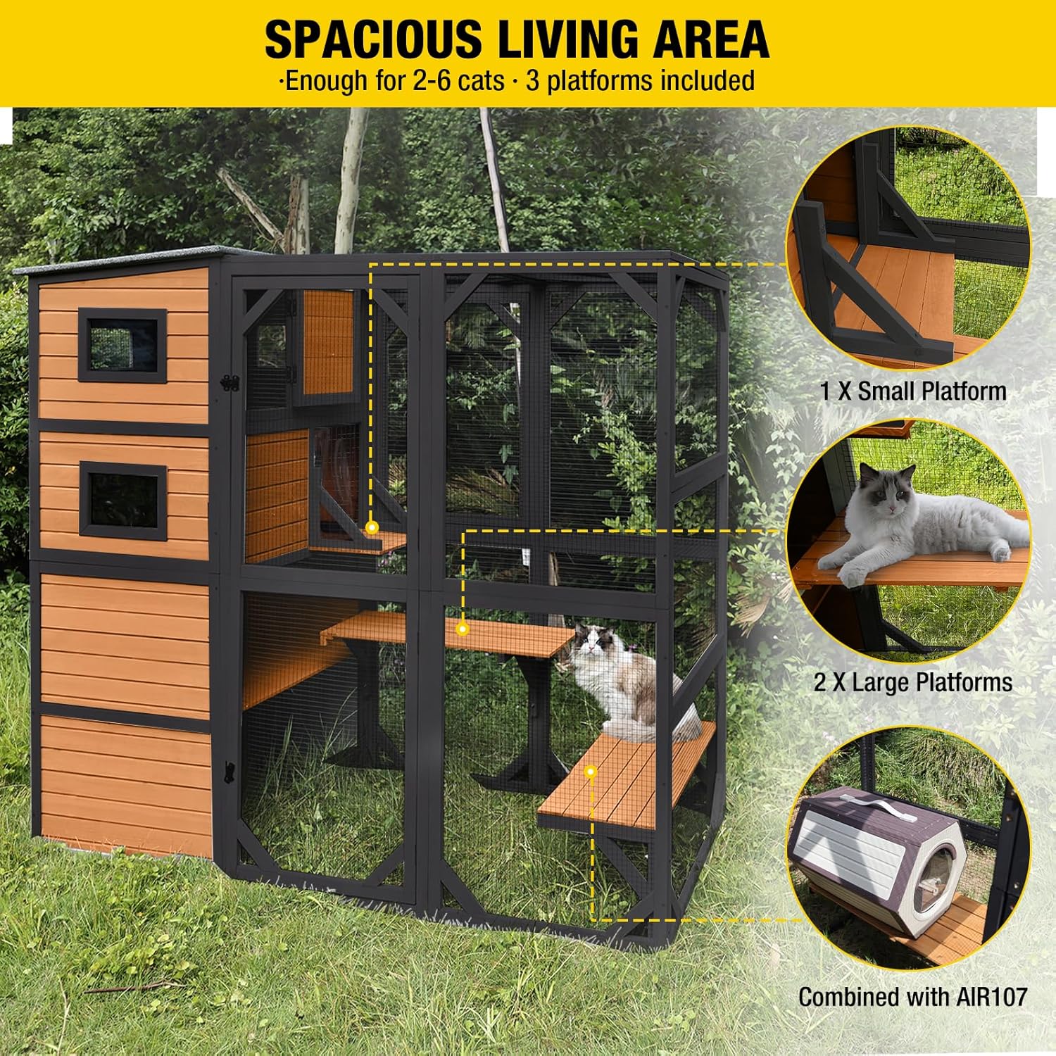 Large Cat Catio, 4 Tiers, Weatherproof Roof, 70″H x 77″L