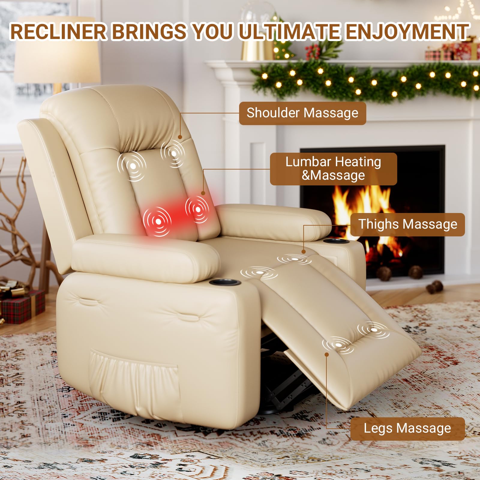 PU Leather Power Lift Recliner Chair With Massage and Heat, Adjustable Furniture for Back, Legs w/ 3 Positions, Usb Port, Side Pocket (Beige, 27 Seat Width+Cup Holders)