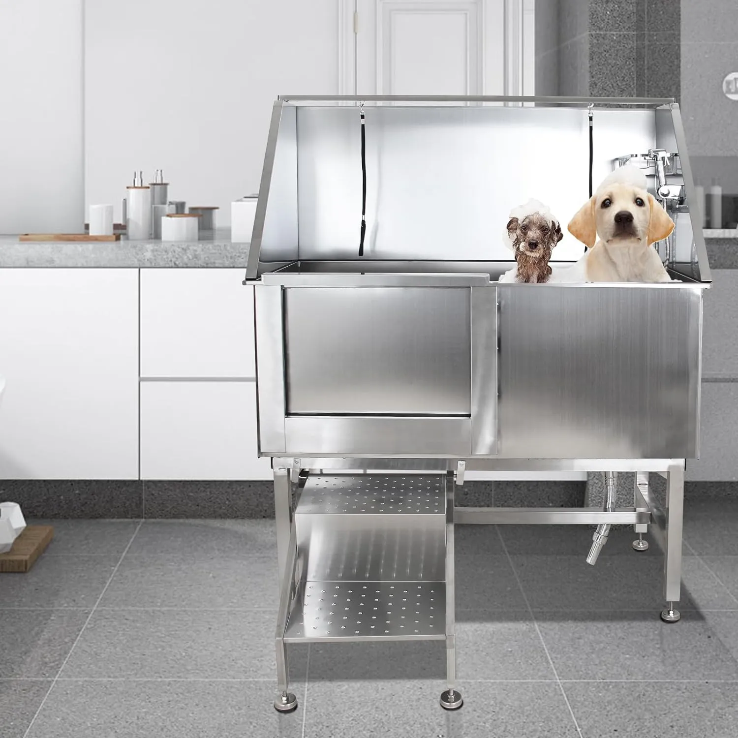50″ Dog Wash Bathtub, Pet Wash Station, Professional Stainless Steel Dog Grooming Tub with Ramp, Faucet, Sprayer, Drain Kit, Right Door