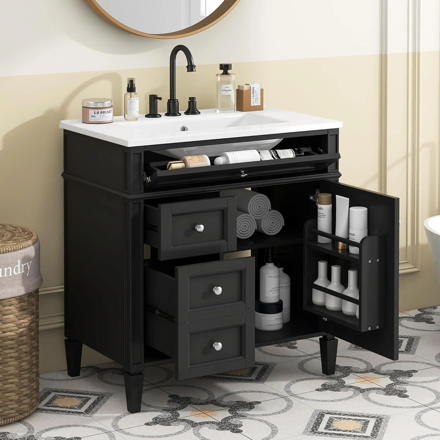 36″ Bathroom Vanity with Single Sink Combo, Modern Undermount Bathroom Sink Cabinet with 2 Drawers and a Tip-Out Drawer, Freestanding Bathroom Vanities, Soft Closing, Solid Wood Frame