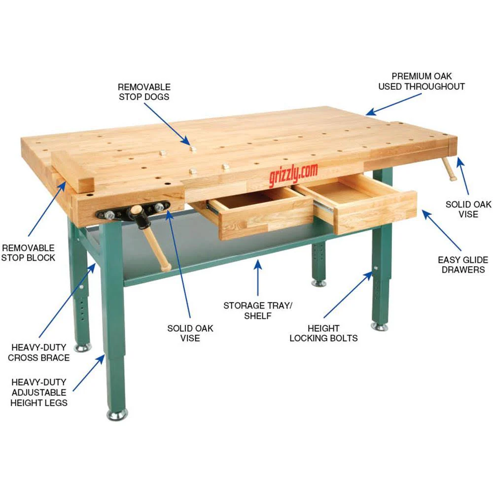 T10157 – Heavy-Duty Oak Workbench with Steel Legs