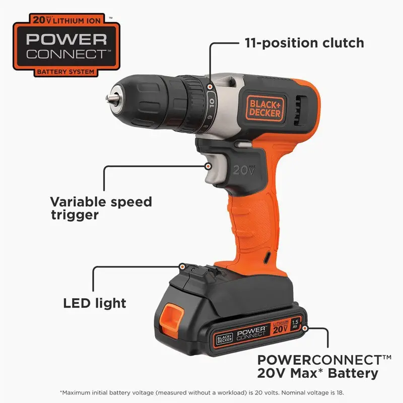BLACK+DECKER 20V Lithium-Ion Cordless 3/8 in Drill/Driver With 1.5Ah Battery And Charger – BCD702C1
