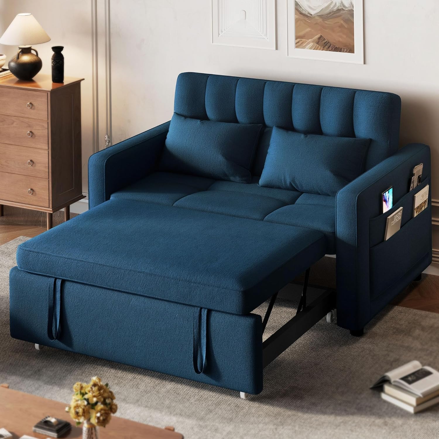 3-in-1 Convertible Sofa Bed, 55″ Sleeper Sofa with Pull-Out Bed, Cat-Scratch-Proof Fabric Futon Couch with Adjustable Backrest and Side Pocket, Loveseat for Living Room Apartment, Grey