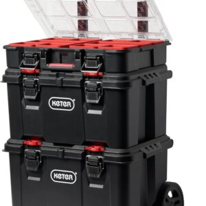 Keter Rolling Tool Box System, 3 Piece, Black/Red – 3 Piece Resin Modular Toolbox System