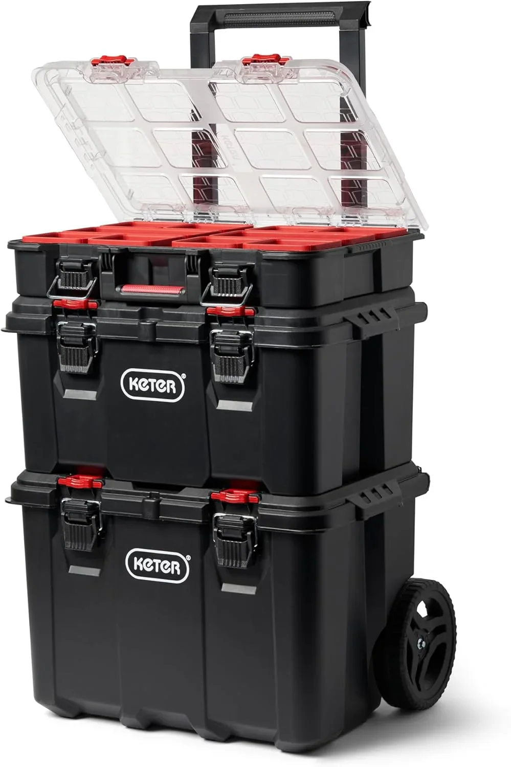 Keter Rolling Tool Box System, 3 Piece, Black/Red – 3 Piece Resin Modular Toolbox System