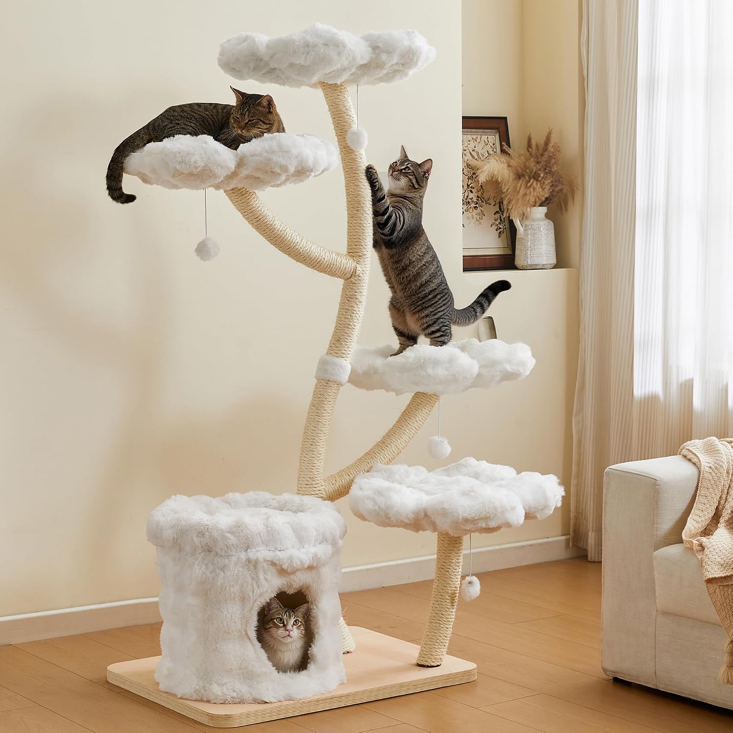 Modern Cat Tree Tower 53″ – Multi-Level Cat Condo with Scratching Posts for Multiple Small & Large Cats