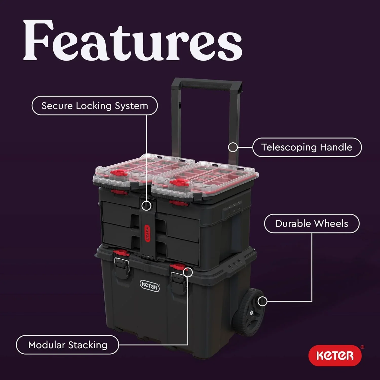Keter Rolling Tool Box System, 3 Piece, Black/Red – 3 Piece Resin Modular Toolbox System